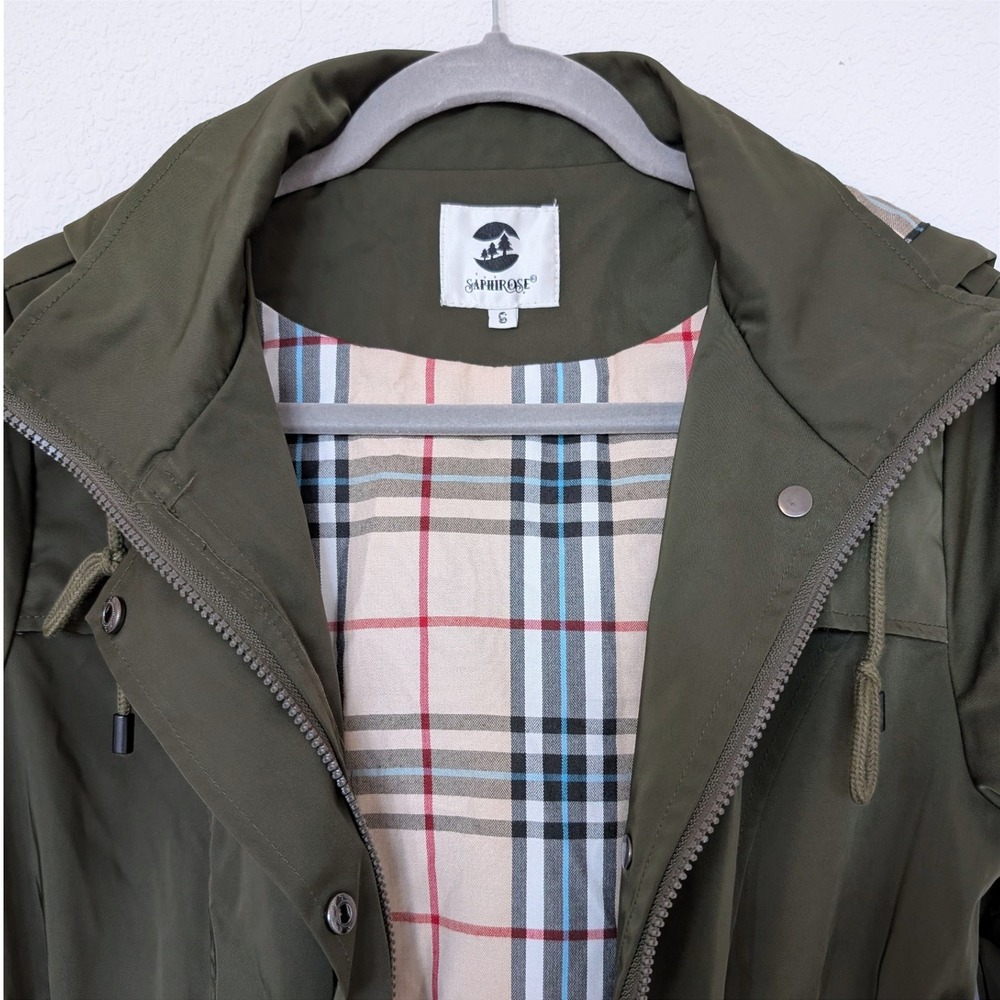 Saphirose Long Anorak Jacket Plaid Lined Olive Green Size‎ S - Picture 5 of 9